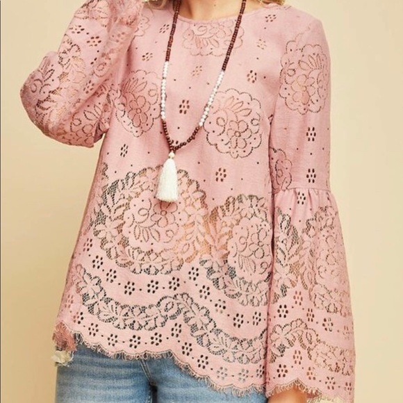 entro Tops - Laser cut blush lace inspired bell Sleeve Top